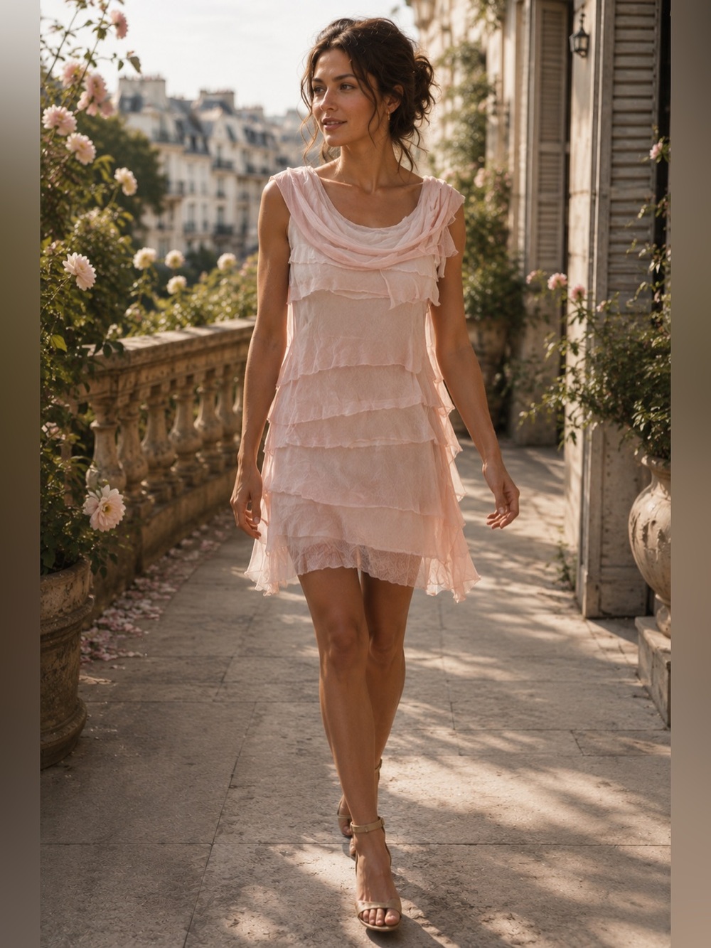 Tempo Paris Silk Tiered Light Pink Ruffled Mini Dress Fairycore Angelic Medium